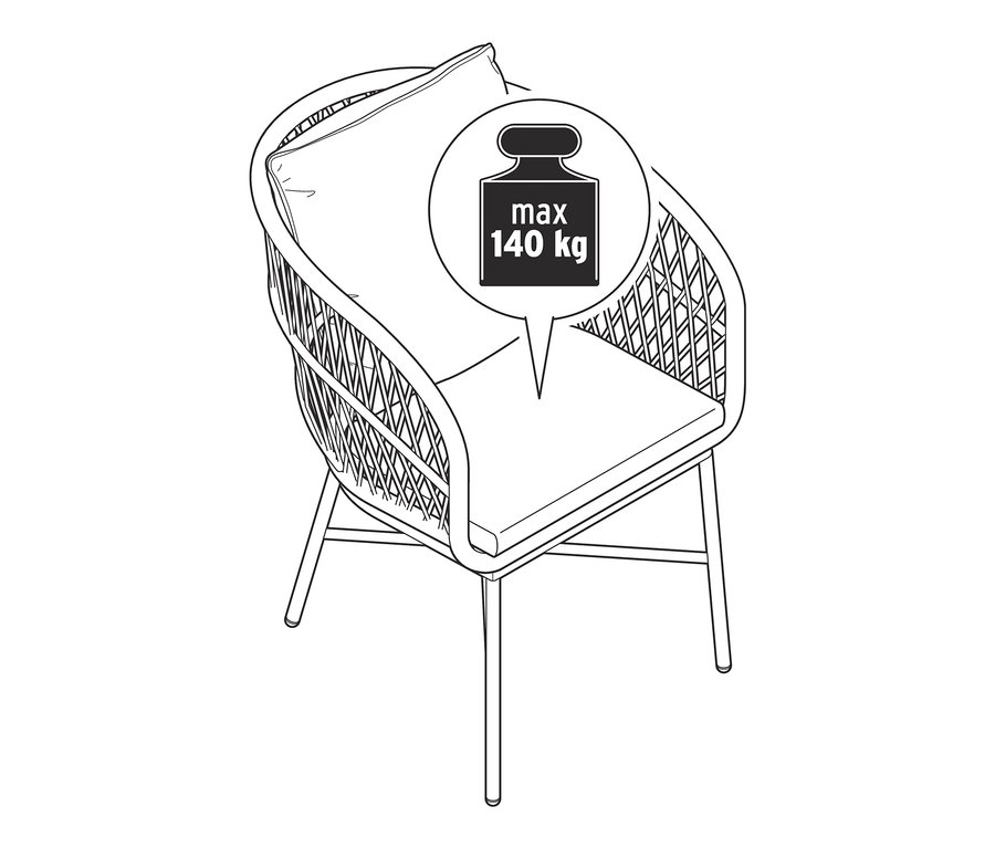 Illustration eines Dining-Stuhls mit Polyrattangeflecht und einem Maximalgewicht von 140 kg.