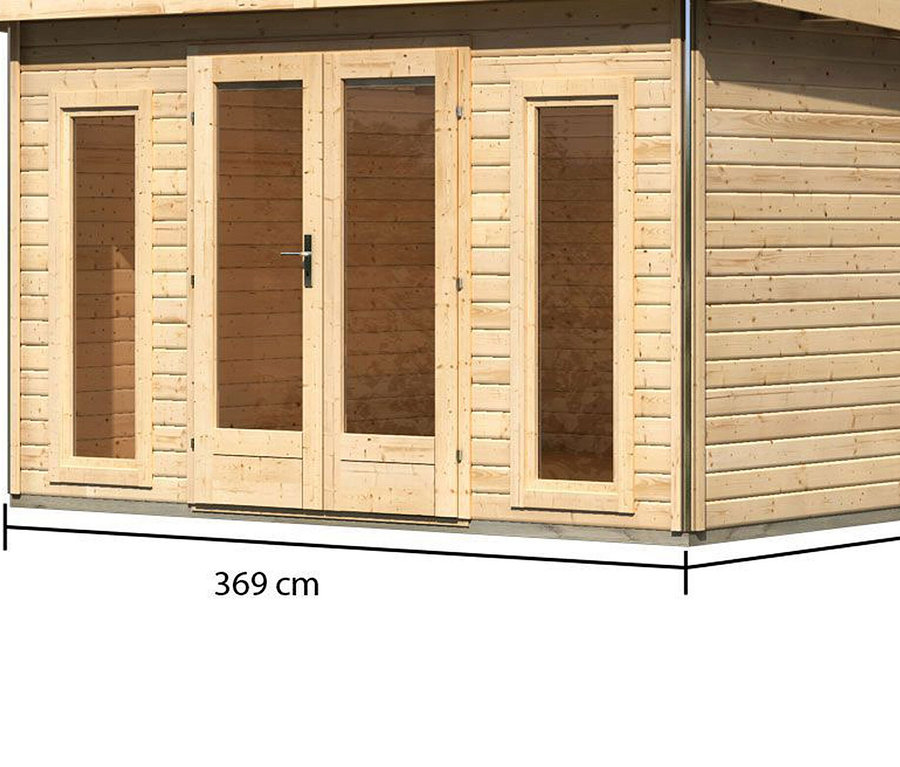 Abmessungen des Karibu Premium-Gartenhauses, 38 mm (Altona 3), natur.