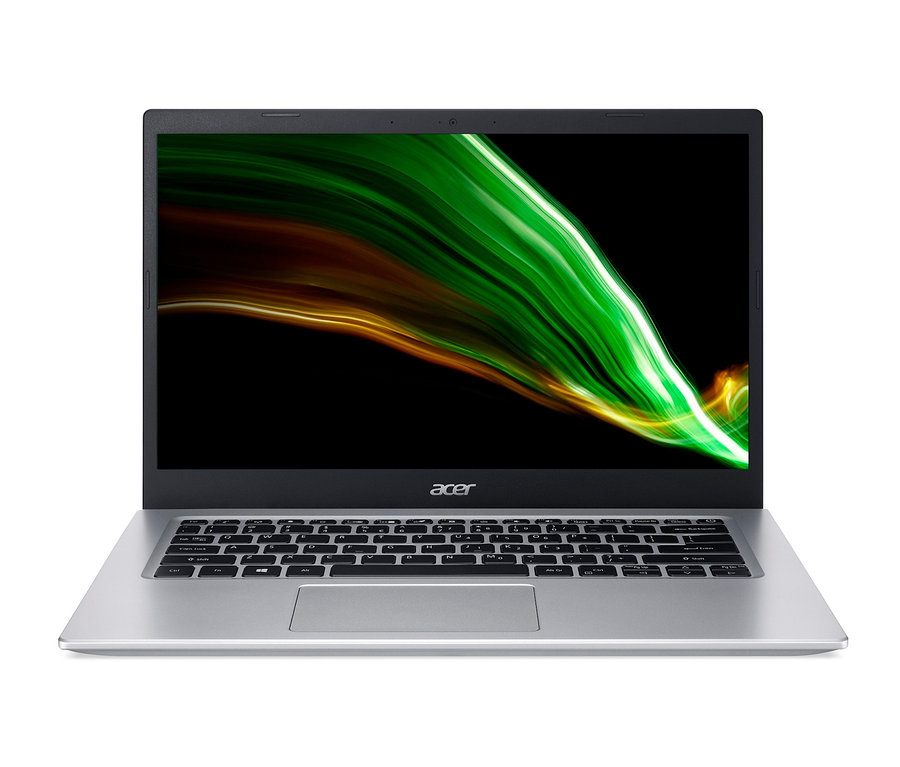 Silberner Acer Laptop mit schwarzer Tastatur und farbigem Bildschirm. Acer Aspire A514-54-35WT Notebook, blau
