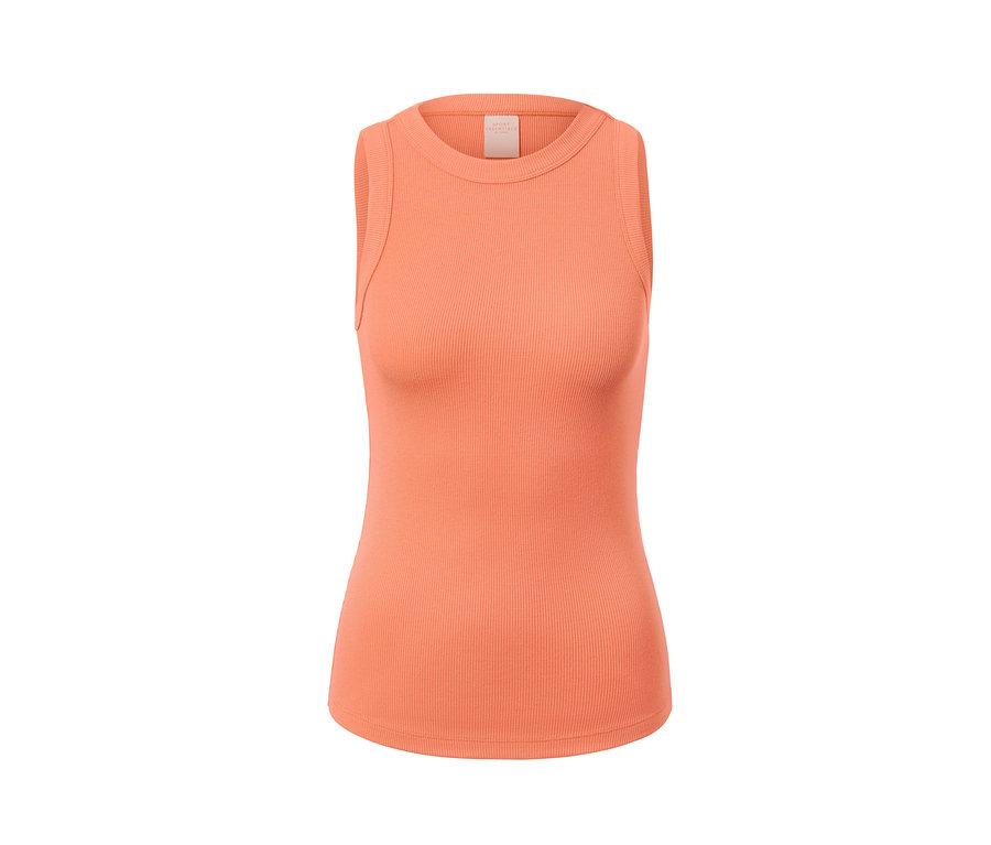 Nahaufnahme eines orangefarbenen Sporttops aus einem zweiteiligen Set.