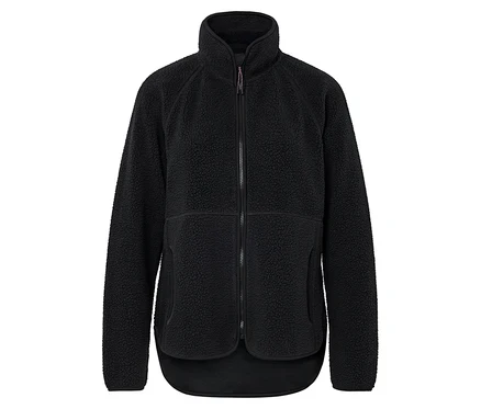 Schwarze Teddyjacke mit durchgehendem Reißverschluss.