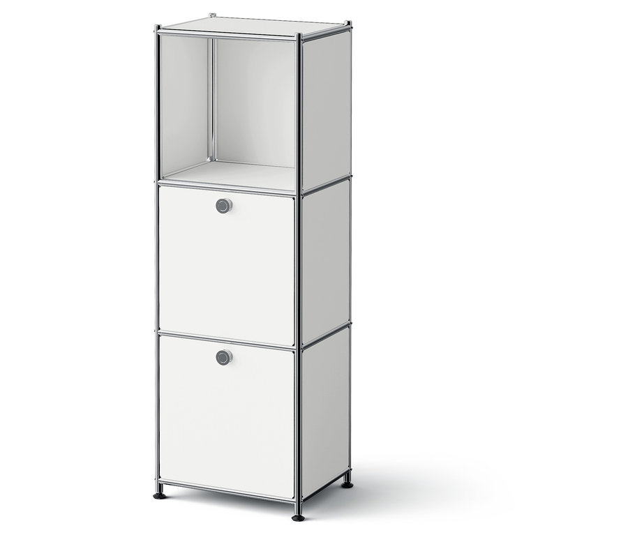 Weißes modulares Aufbewahrungssystem mit zwei Schubladen und einem offenen oberen Fach.