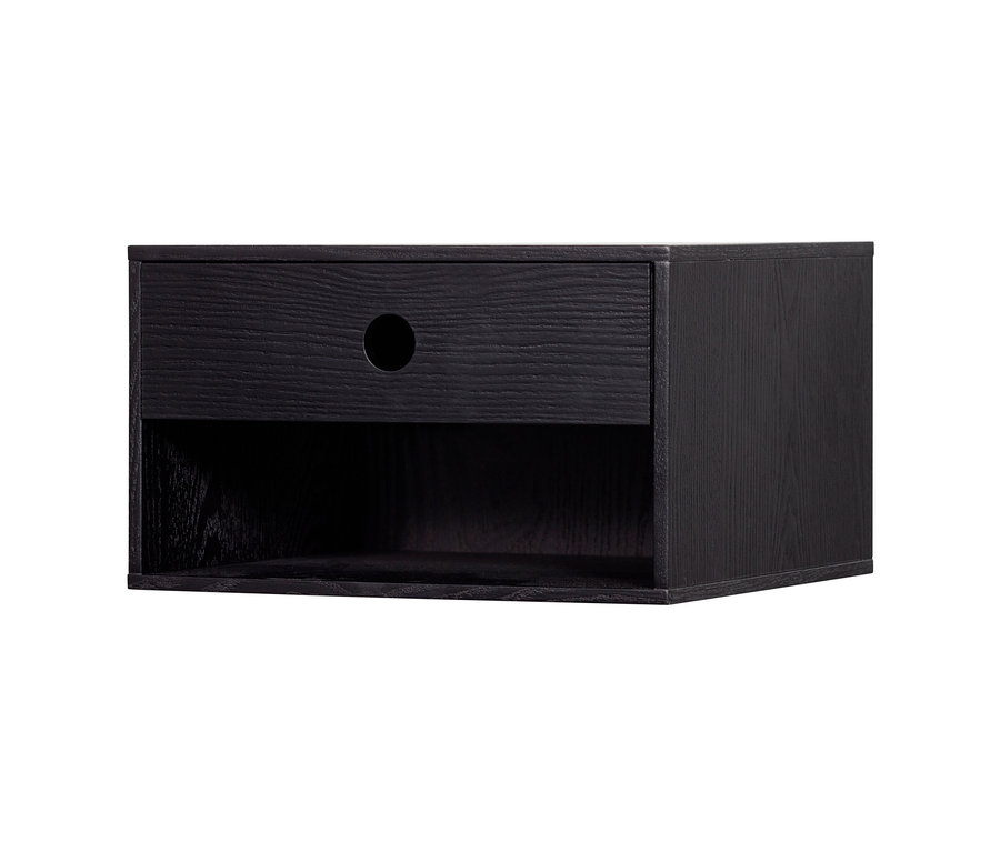 Schwarzer Woood Nachttisch "Nancy" mit einer Schublade und einem offenen Fach.