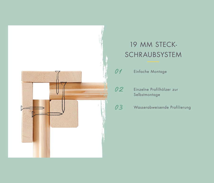 Detailansicht des 19 mm Steckschraubsystems mit verschiedenen Holzprofilen zur Selbstmontage und wasserabweisender Profilierung.
