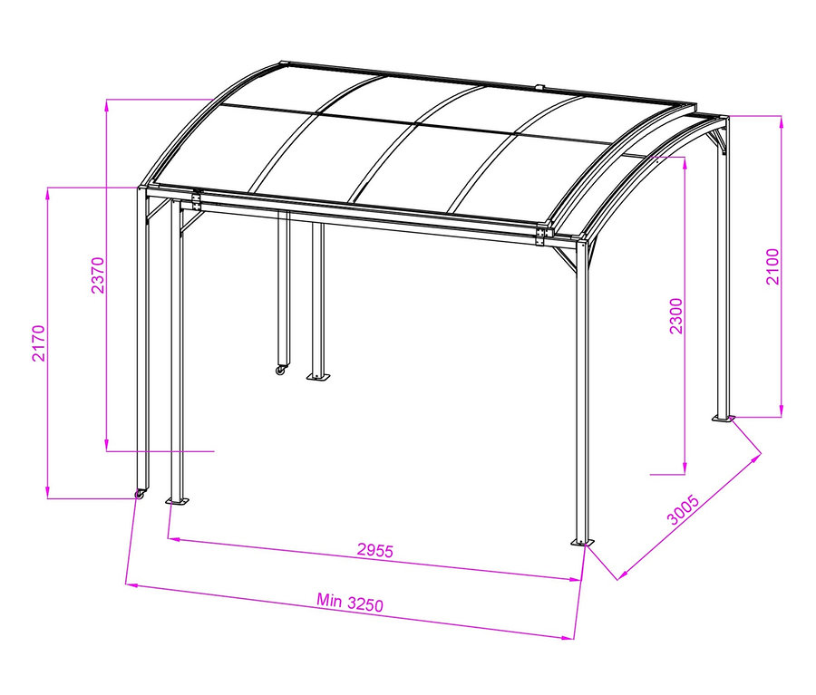 Eine Skizze mit den Abmessungen der ausziehbaren Leco Pergola.