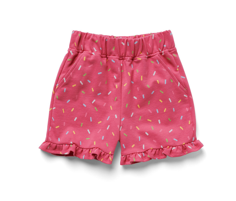 Pinke Kinder-Sweat-Shorts mit bunten Streuseln.