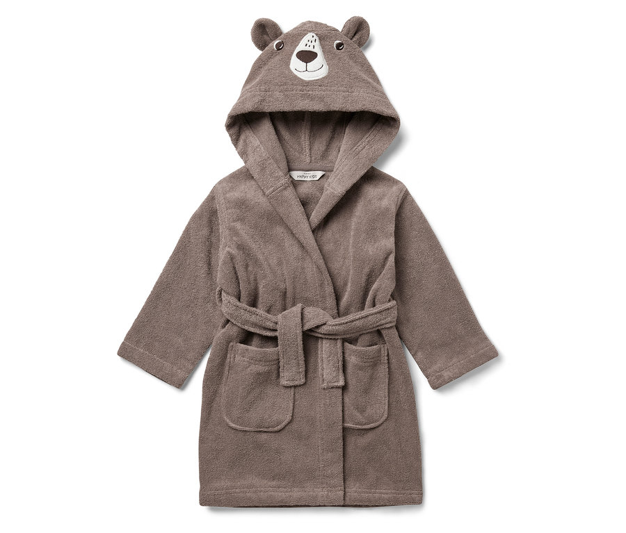 Ein brauner Bademantel mit Kapuze, Bärenohren und Gesicht.