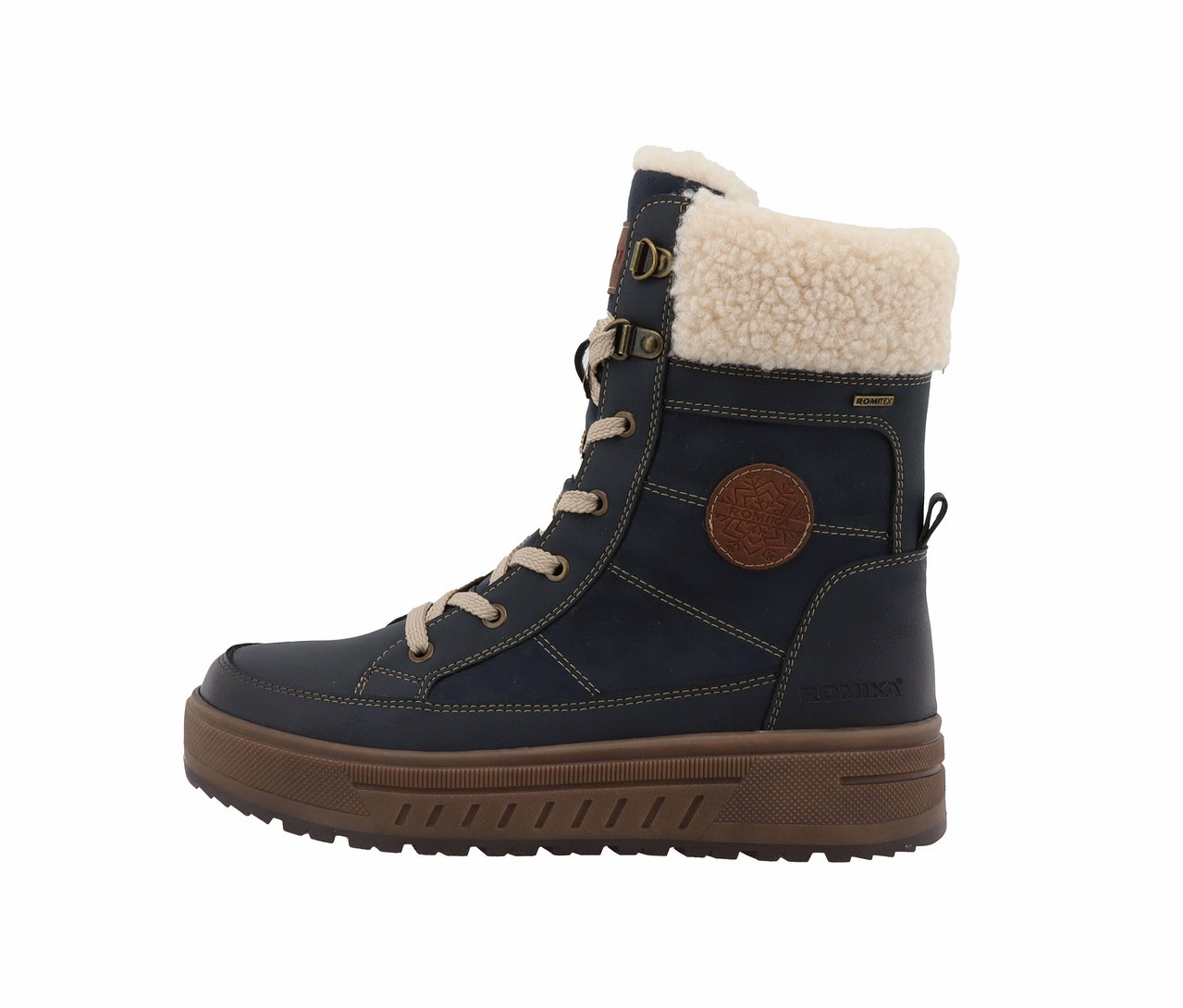 Romika Schnürstiefel in Blau mit brauner Sohle und beigem Fell.