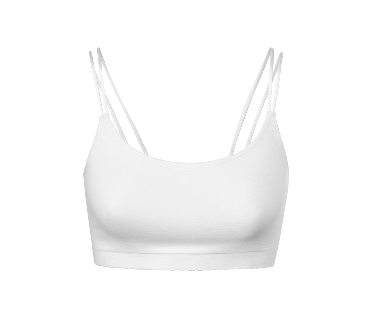 Detailansicht eines weißen Seamless-Bustiers mit Spitze.