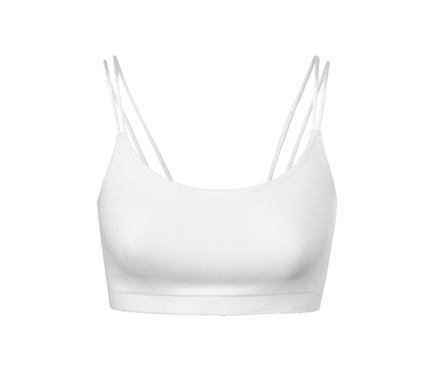 Detailansicht eines weißen Seamless-Bustiers mit Spitze.