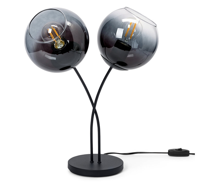 Schwarze Tischleuchte mit zwei kugelförmigen Glasschirmen.