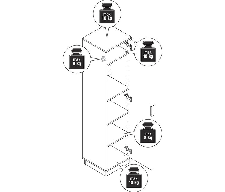 Illustration eines schmalen Universalschranks mit offener Tür und Regalen.