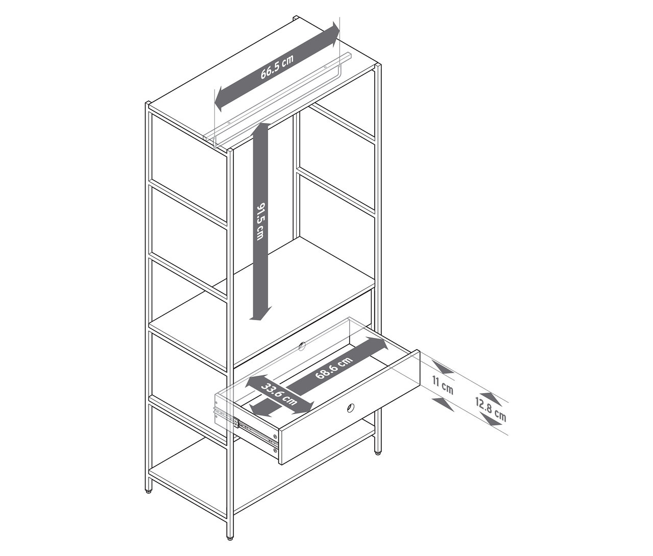 Line drawing of wardrobe »KLAAR« with two drawers and dimensions.