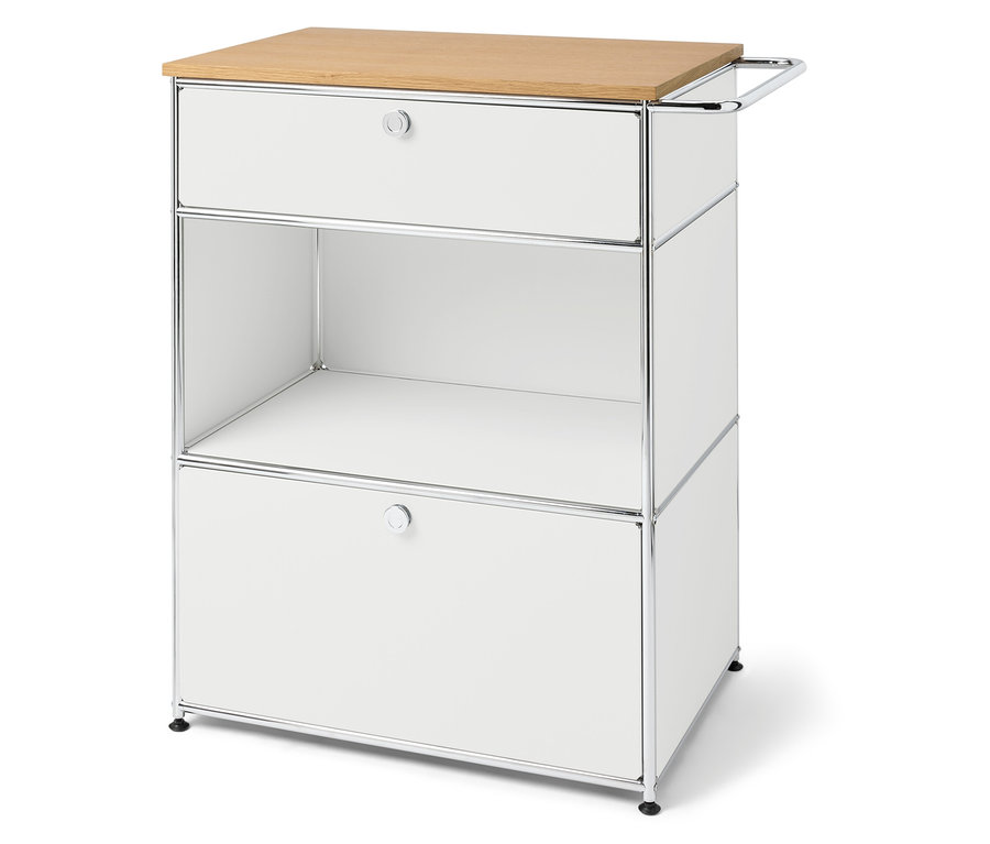 Weißes Aufbewahrungselement mit zwei Schubladen und Holzplatte.