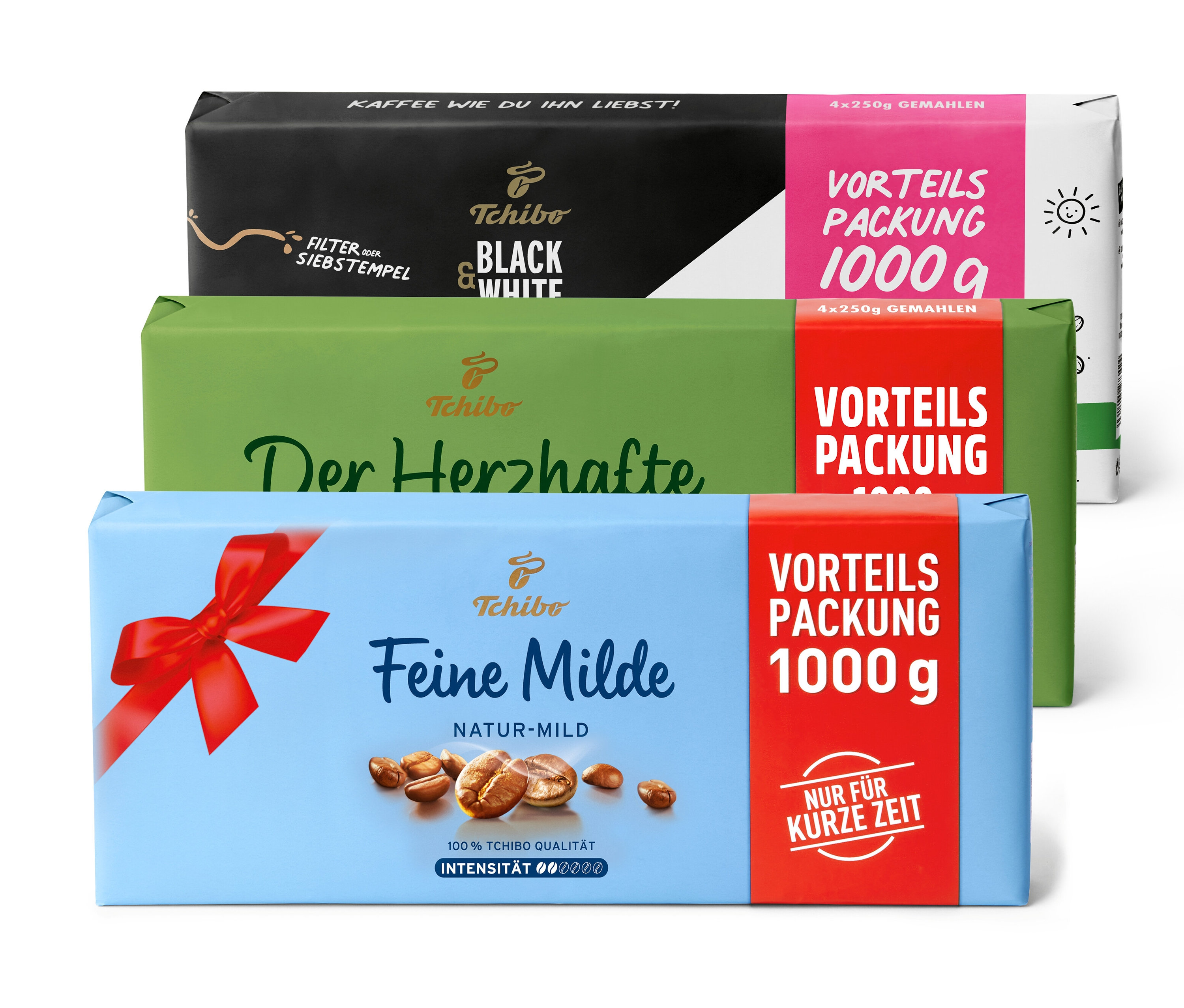 Drei Vorteilspackungen gemahlener Filterkaffee von Tchibo, verschiedene Sorten, je 1 kg.