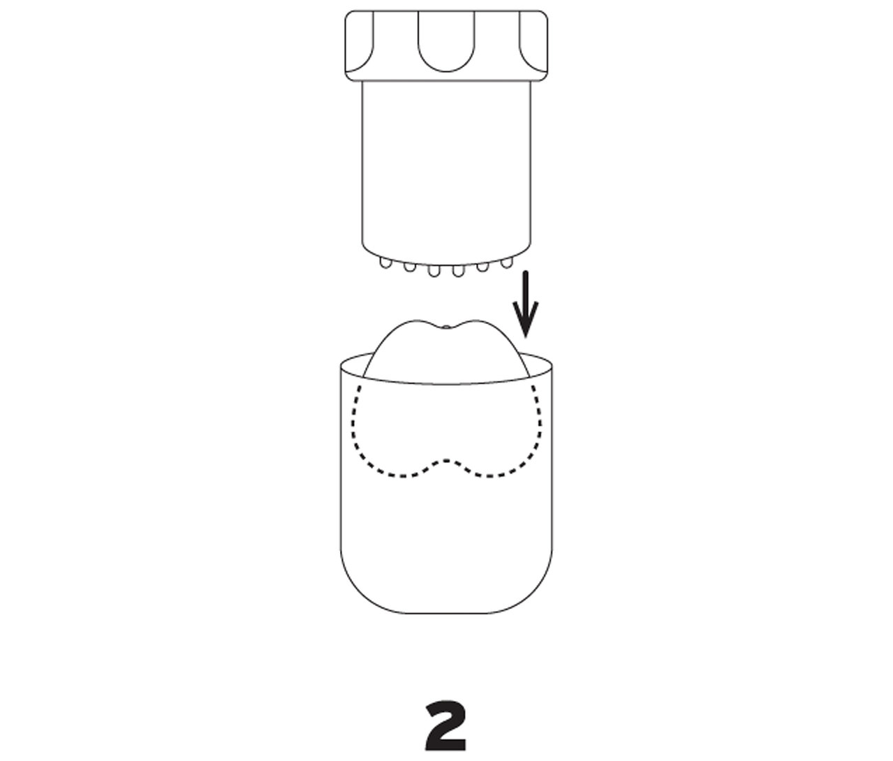 Eine Illustration zeigt ein Presswerkzeug, das nach unten in einen Behälter mit einem herzförmigen Objekt gerichtet ist. Unten steht die Nummer 2.