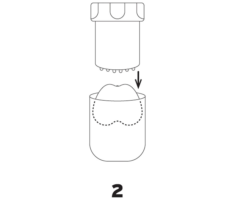 Eine Illustration zeigt ein Presswerkzeug, das nach unten in einen Behälter mit einem herzförmigen Objekt gerichtet ist. Unten steht die Nummer 2.