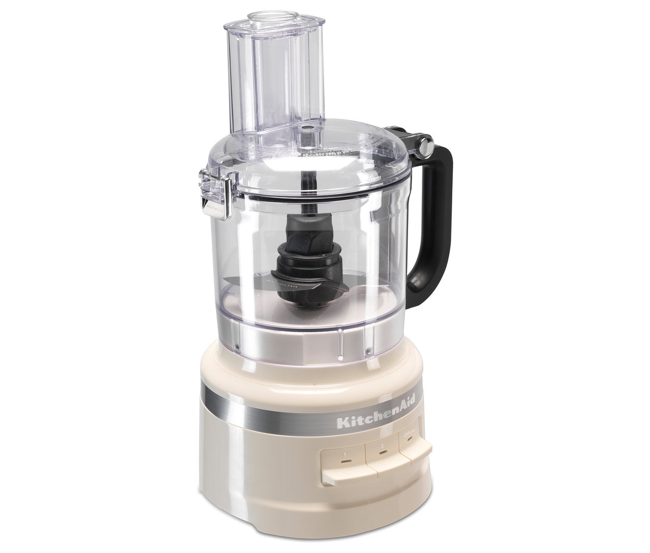 Ein cremefarbener KitchenAid Food Processor mit einem durchsichtigen Behälter und einem schwarzen Griff.