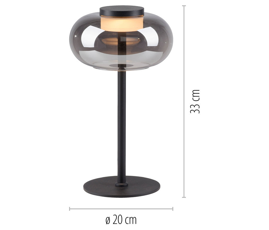 Graue Glaslampe auf schwarzem Sockel.
