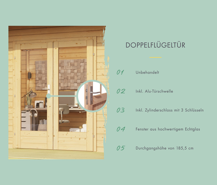 Doppelflügeltür führt in Karibu Gartenhaus Hanami mit Dachbegrünungspaket, in dem sich Schreibtisch und Stuhl befinden.