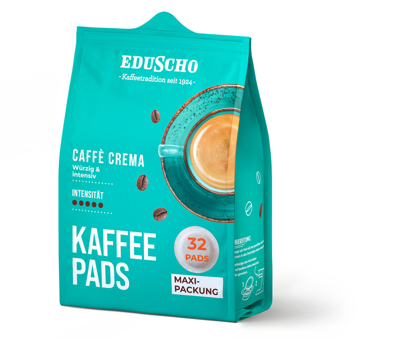 Eine Packung Eduscho Kaffeepads Caffè Crema mit 32 Pads. Die Packung ist türkis und zeigt eine Tasse Kaffee.