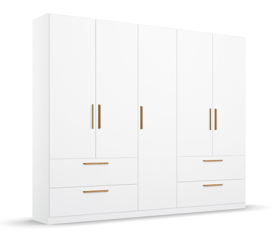 Weißer, fünftüriger Drehtürenschrank Skandi mit Holzgriffen.