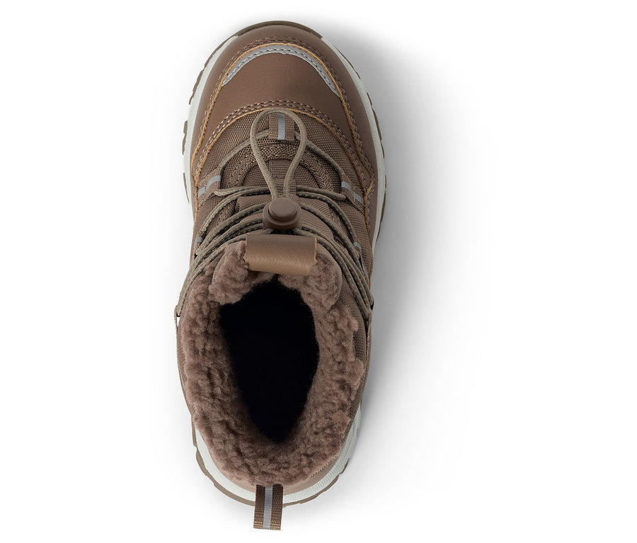 Brauner Winterstiefel mit Fellfutter und Schnürsenkeln mit Kordelzug.