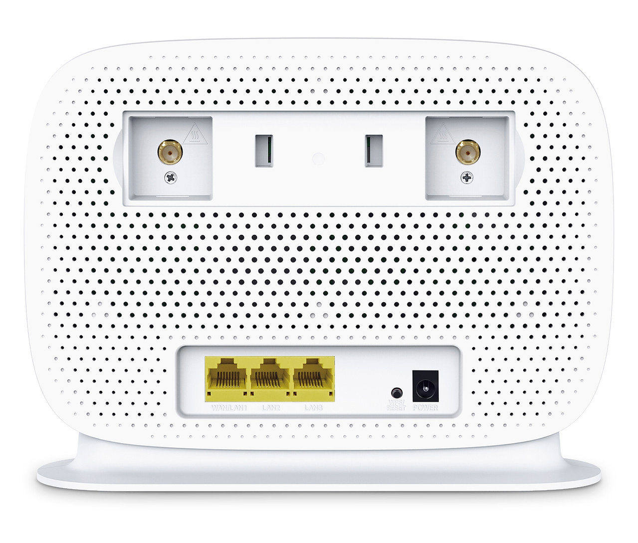 Rückseite eines weißen Homespot-Router LTE TP-Link mit Antennenanschlüssen, Ethernet-Anschlüssen und Stromanschluss.