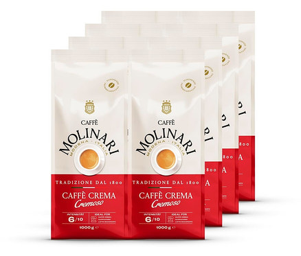 Fünf Packungen Caffè Molinari Caffè Crema Cremoso - 8x 1 kg Ganze Bohne.