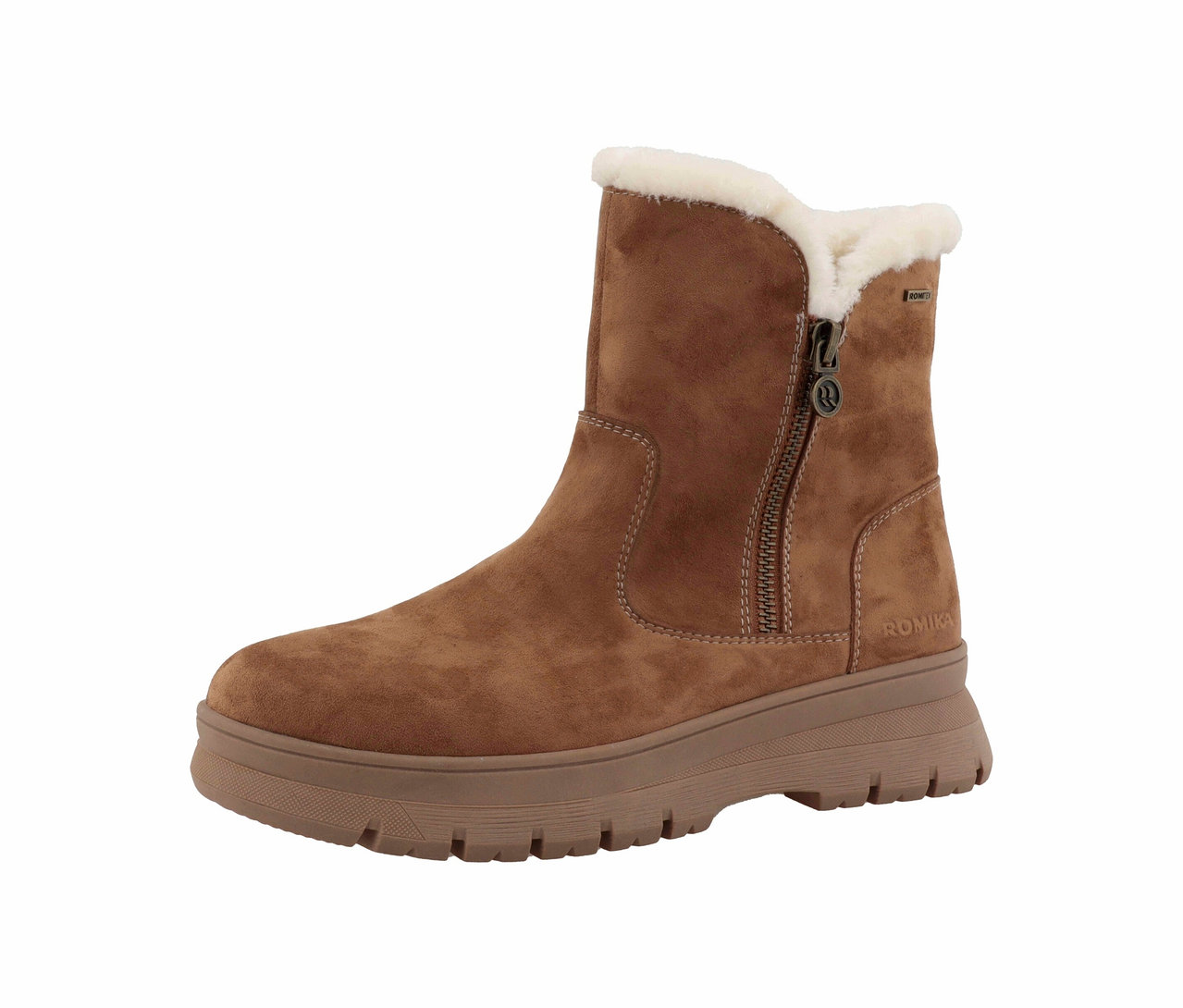 Braune, gefütterte Romika Stiefelette mit Reißverschluss und Profilsohle.