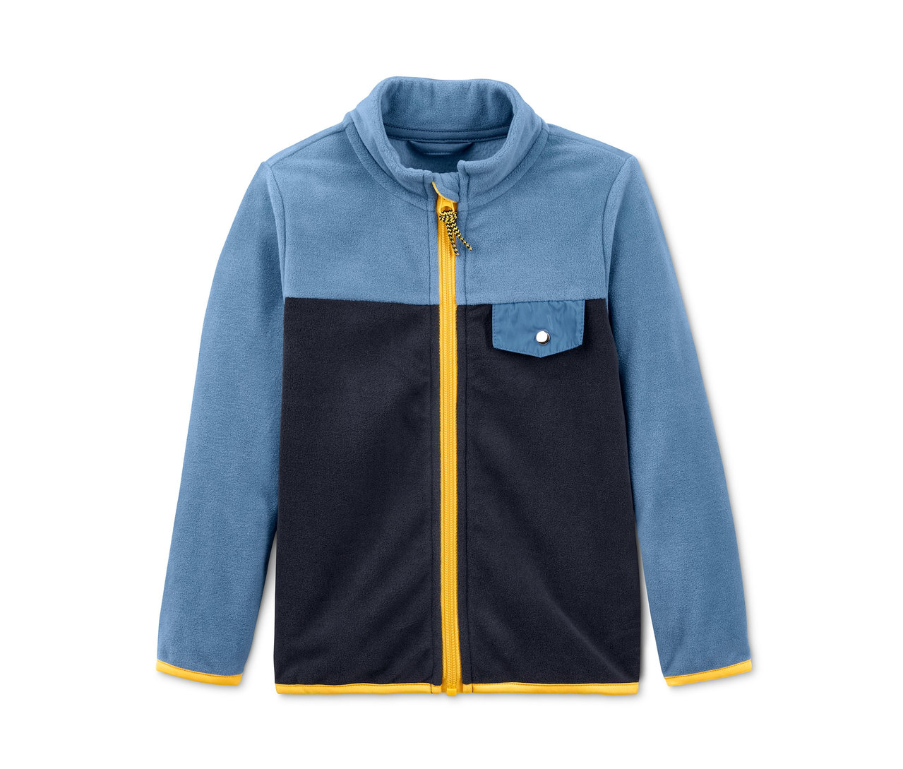 Hellblau-dunkelblaue Fleecejacke aus recyceltem Material mit Brusttasche und gelbem Reissverschluss.
