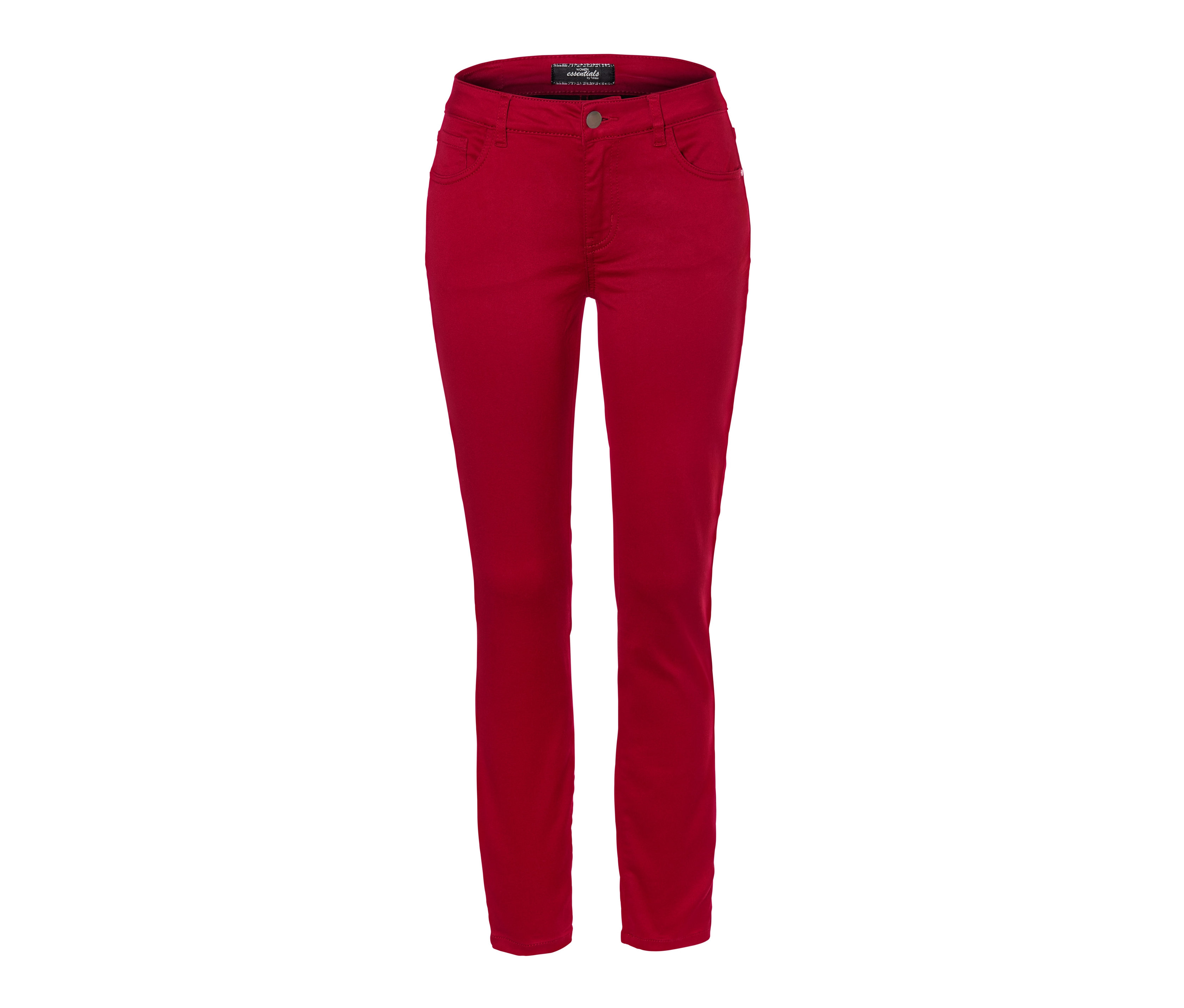 Eine rote Slimfit-Hose auf weißem Hintergrund.