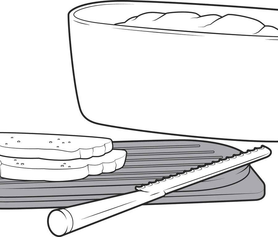 Emaille-Brotkasten mit Schneidebrett und zwei Brotscheiben.