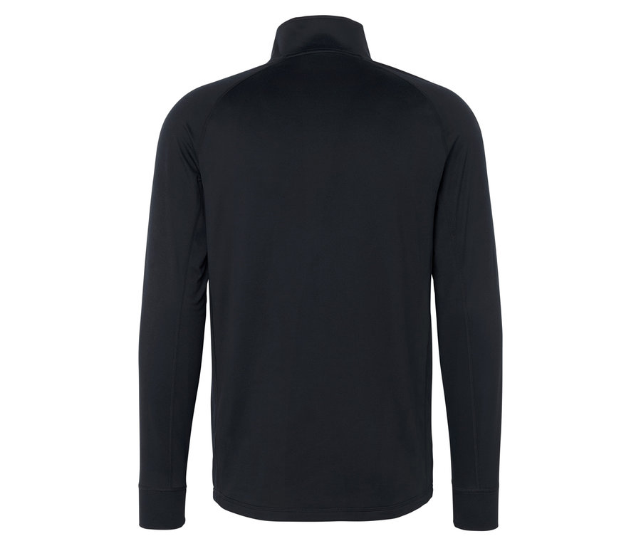 Rückansicht eines schwarzen Langarm-Reißverschluss-Oberteils.