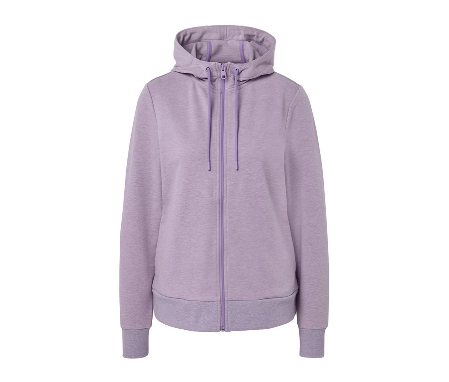 Lila Sweatjacke mit Reißverschluss und Kapuze.