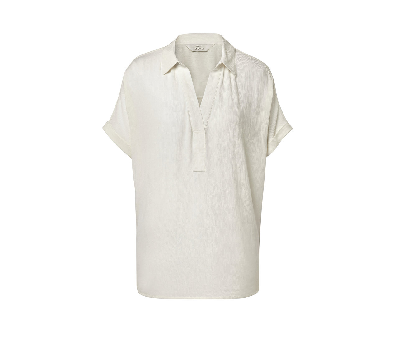 Cremeweiße Bluse mit kurzen Ärmeln.
