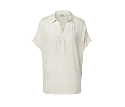 Cremeweiße Bluse mit kurzen Ärmeln.