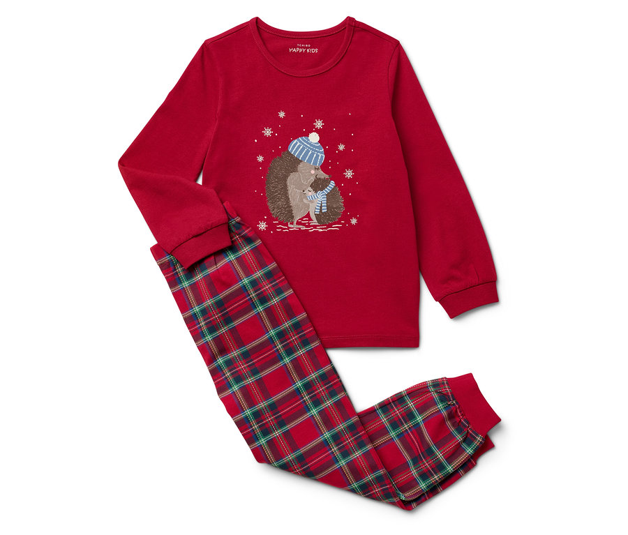 Roter Schlafanzug mit langen Ärmeln und karierter Hose. Auf dem Oberteil ist ein Igel abgebildet.