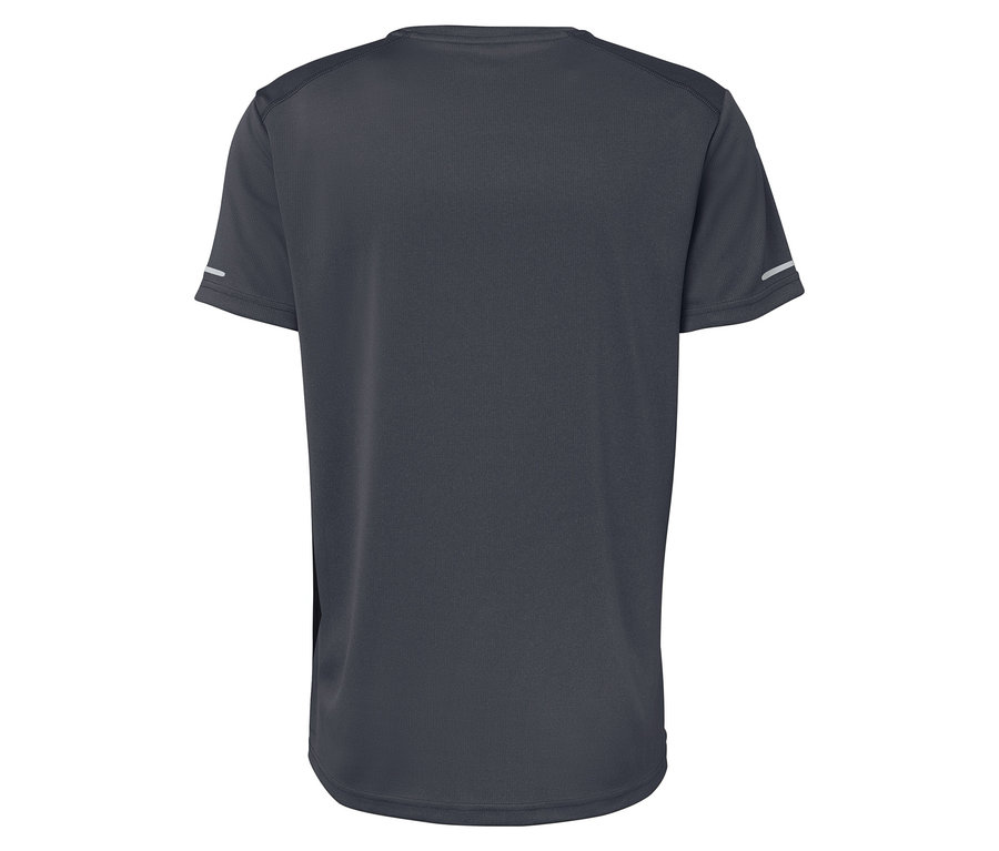Schwarzes Kurzarm-T-Shirt mit reflektierenden Elementen an den Ärmeln, Rückansicht.