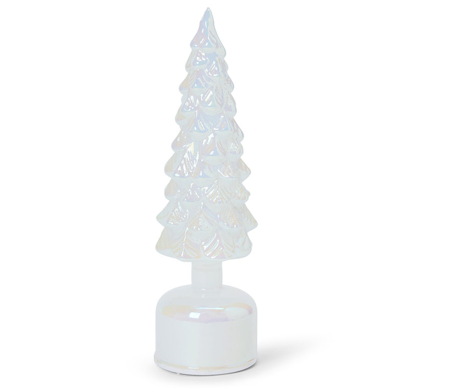 Weißer Christbaumschmuck aus Glas in Form eines Baumes.