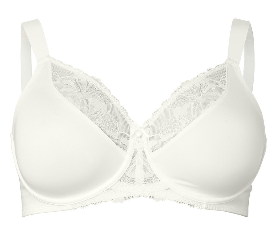 Creme Minimizer-BH mit Spitze an den Cups und breiten Trägern.