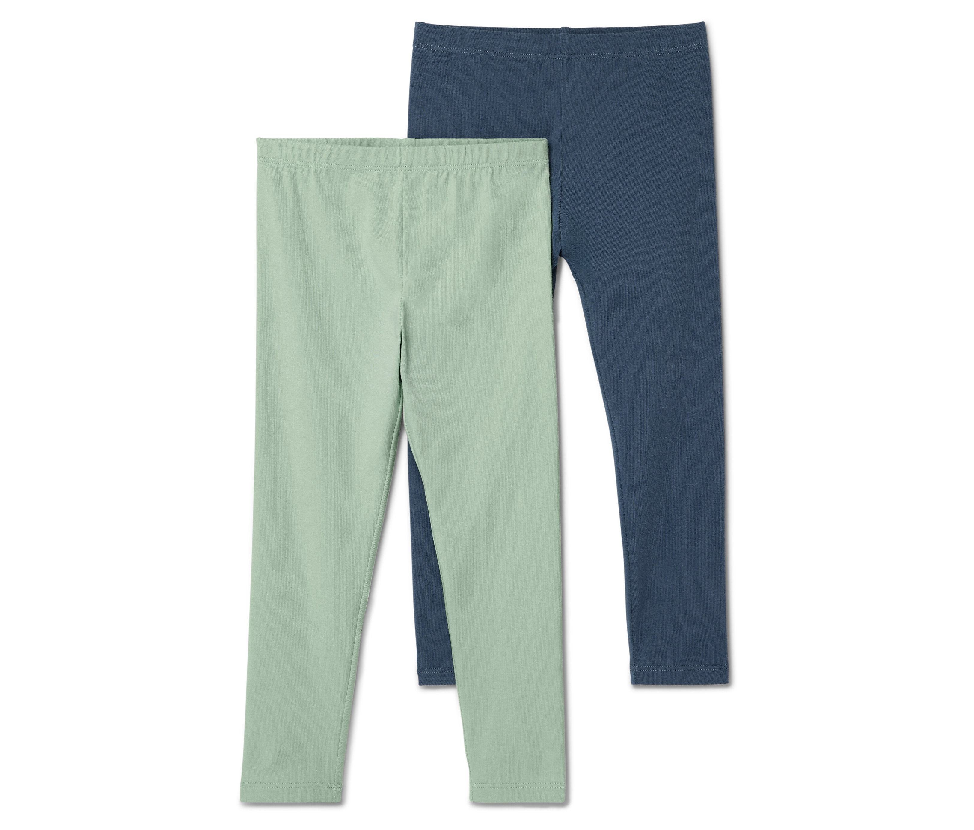 Zwei Leggings: eine hellgrüne, eine dunkelblaue.