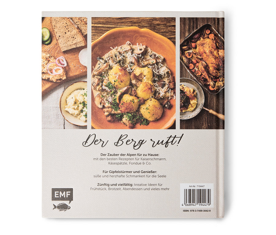 Kochbuch mit Abbildungen von Speisen, darunter Kartoffeln mit Pilzsoße, Brot mit Gemüse und Brathähnchen.