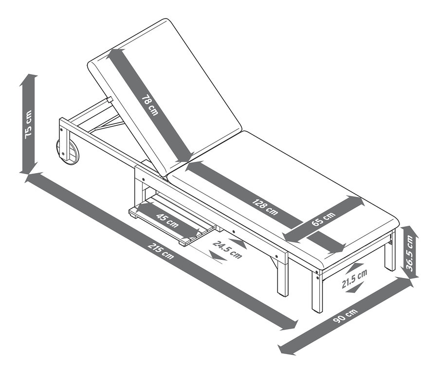 Illustration einer ausziehbaren Liege mit Abmessungen.