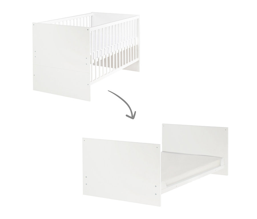 Ein Kinderbett wird mit einem Pfeil in ein Kinderbett umgewandelt. roba »Anton« Kinderzimmerset Bett, Wickelkommode und Schrank