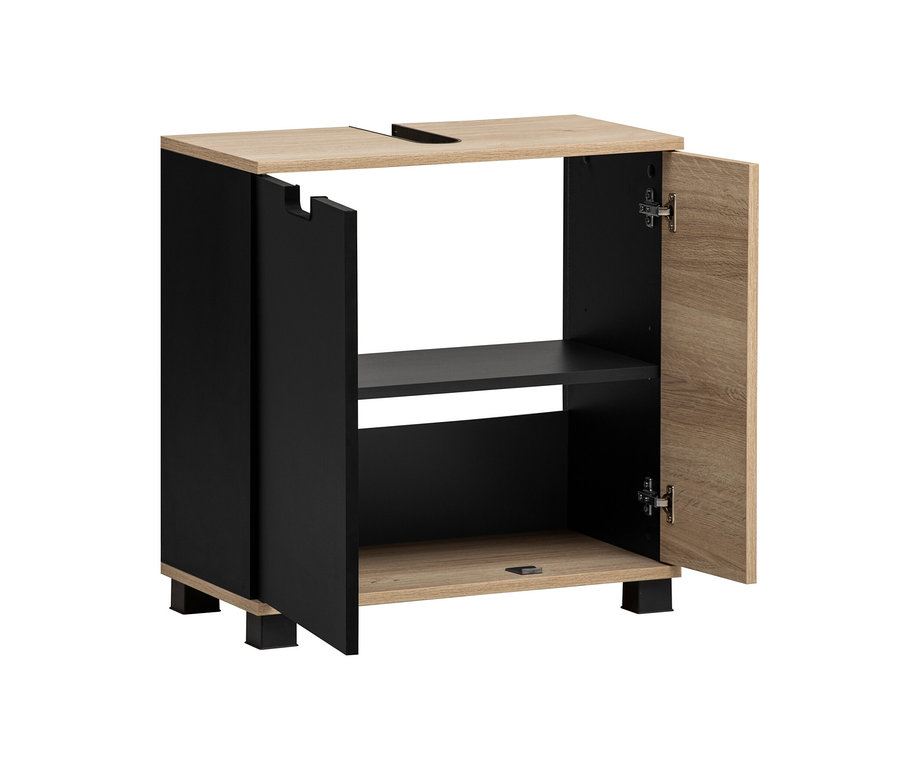 Ein schwarz/weißeiche Waschbeckenunterschrank »Emmik« mit geöffneter Tür.