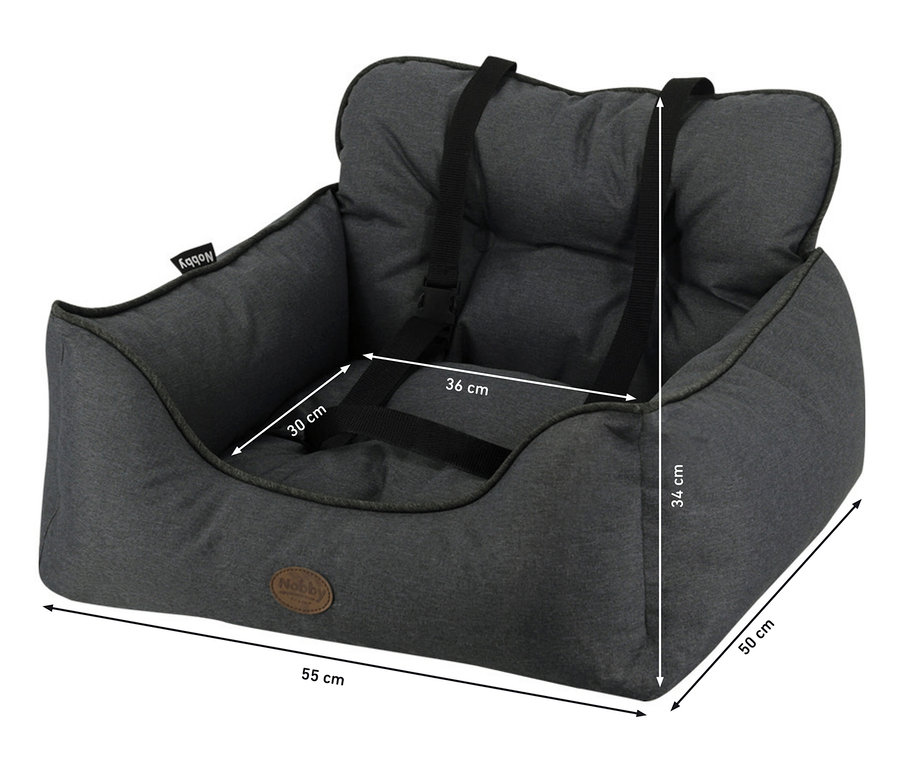 Grauer Hunde-Autositz »KADEK« mit Größenangaben.