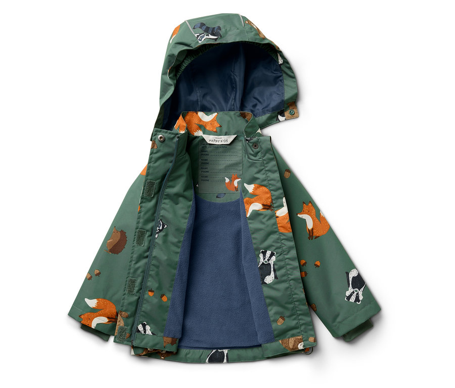 Grüne Kapuzenjacke mit Fuchs-, Igel-, Eichhörnchen- und Dachsmuster.