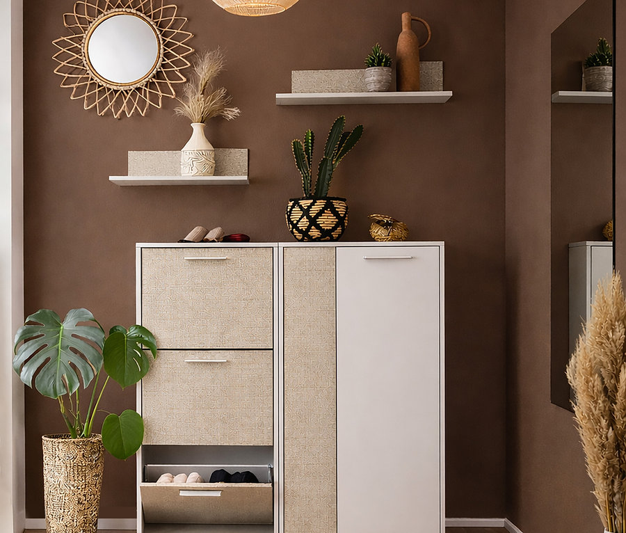 Eingangsbereich mit dem Schuhschrank »Edno« cremebeige mit Canasta-Dekor, 124 cm, dem Highboard »Edno«, cremebeige mit Canasta-Dekor, zwei Regalablagen »Edno«, cremebeige und einem Spiegel »Edno«.