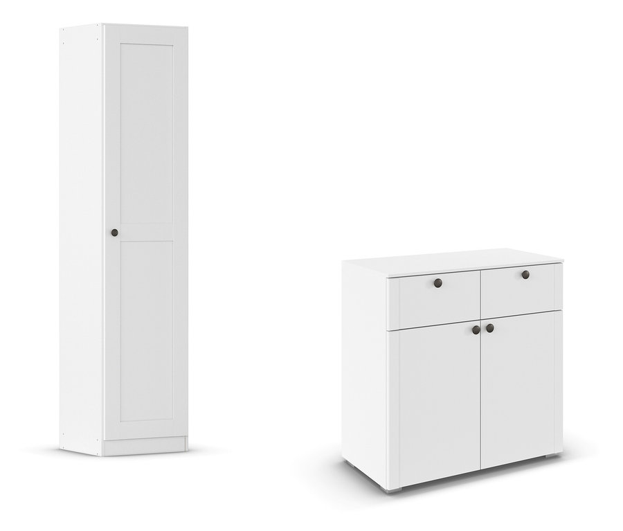 Weißer, schmaler Schrank mit einer Tür steht links neben einem breiteren, weißen Schrank mit zwei Schubladen und zwei Türen.